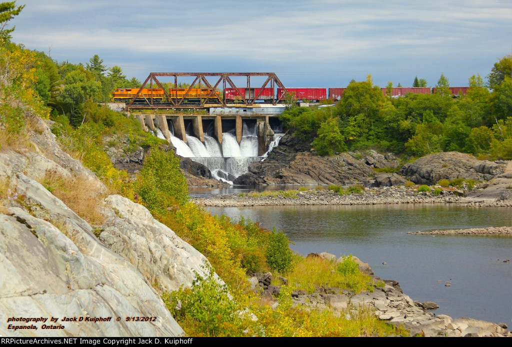 Huron Central, HCRY GP40-2W 3012-3013, on the branch to the now closed paper mill at Espanola, Ontario. September 13, 2012.